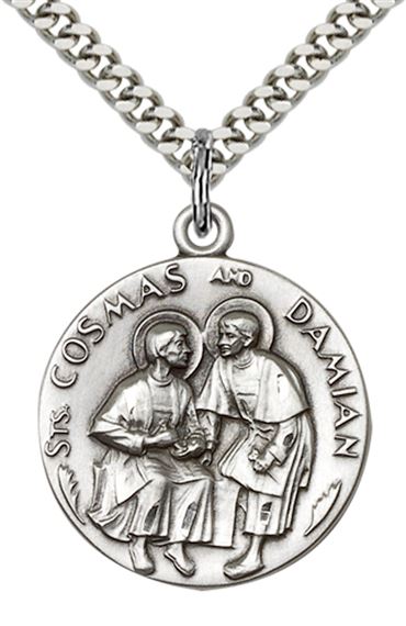 STERLING SILVER STS COSMAS & DAMIAN PENDANT WITH CHAIN - 1" x 7/8"