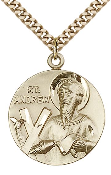 14KT GOLD FILLED ST ANDREW PENDANT WITH CHAIN - 1" x 7/8"