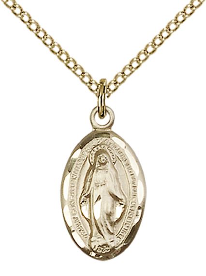 14KT GOLD FILLED MIRACULOUS PENDANT WITH CHAIN - 5/8" x 3/8"