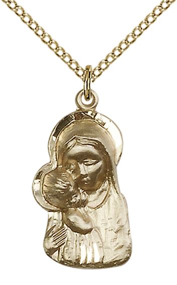 14KT GOLD FILLED MADONNA & CHILD PENDANT WITH CHAIN - 7/8" x 1/2"