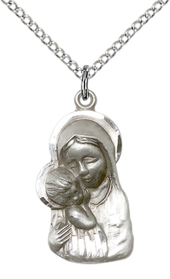 STERLING SILVER MADONNA & CHILD PENDANT WITH CHAIN - 7/8" x 1/2"