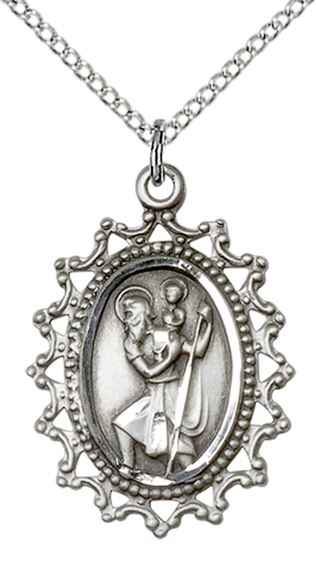STERLING SILVER ST CHRISTOPHER PENDANT WITH CHAIN - 1" x 3/4"