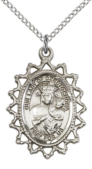STERLING SILVER OUR LADY OF CZESTOCHOWA PENDANT WITH CHAIN - 1" x 3/4"