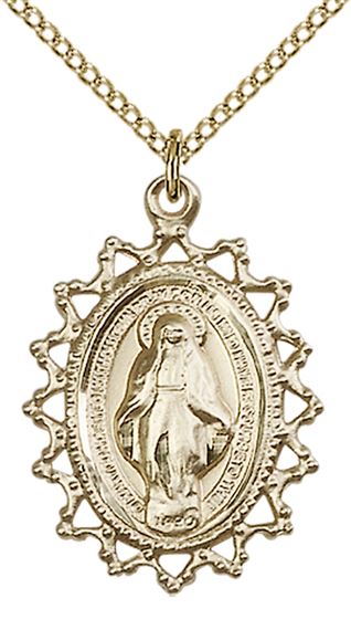14KT GOLD FILLED MIRACULOUS PENDANT WITH CHAIN - 1" x 3/4"