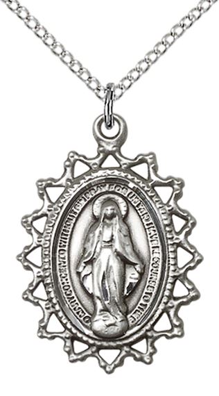 STERLING SILVER MIRACULOUS PENDANT WITH CHAIN - 1" x 3/4"