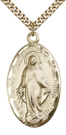 14KT GOLD FILLED MIRACULOUS PENDANT WITH CHAIN - 1 3/8" x 3/4"