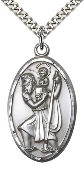 STERLING SILVER ST CHRISTOPHER PENDANT WITH CHAIN - 1 3/8" x 3/4"