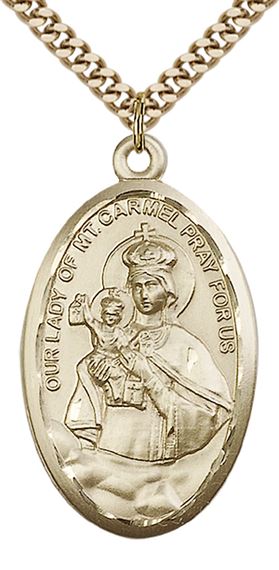 14KT GOLD FILLED OUR LADY OF MOUNT CARMEL PENDANT WITH CHAIN - 1 3/8" x 3/4"
