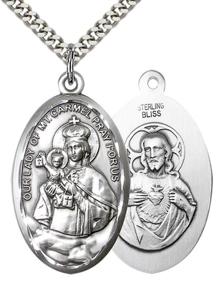 STERLING SILVER OUR LADY OF MOUNT CARMEL PENDANT WITH CHAIN - 1 3/8" x 3/4"