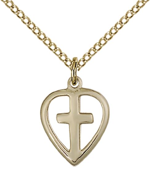 14KT GOLD FILLED HEART CROSS PENDANT WITH CHAIN - 1/2" x 3/8"