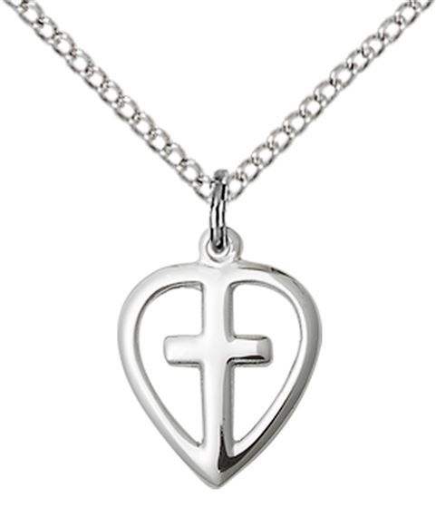 STERLING SILVER HEART CROSS PENDANT WITH CHAIN - 1/2" x 3/8"