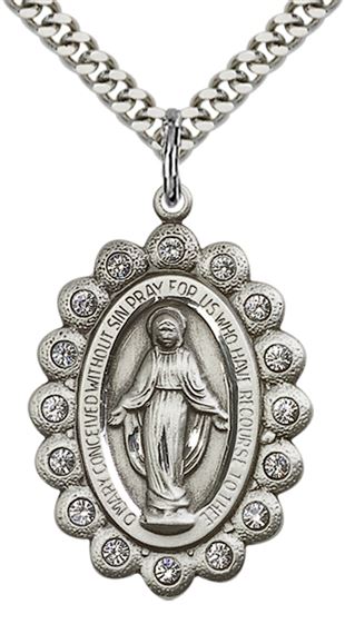 STERLING SILVER MIRACULOUS PENDANT WITH CHAIN - 1 1/8" x 3/4"