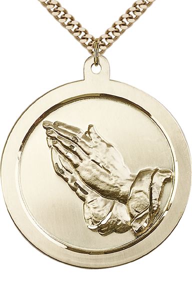 14KT GOLD FILLED PRAYING HAND PENDANT WITH CHAIN - 1 5/8" x 1 3/8"