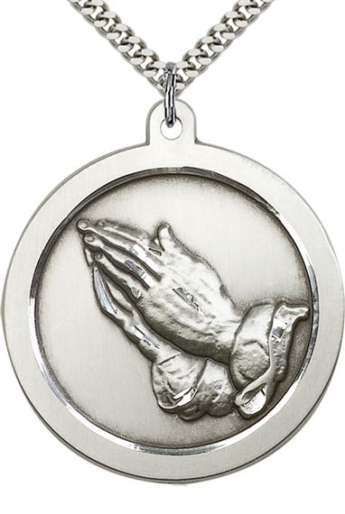 STERLING SILVER PRAYING HAND PENDANT WITH CHAIN - 1 5/8" x 1 3/8"