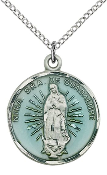 STERLING SILVER OUR LADY OF GUADALUPE PENDANT WITH CHAIN - 7/8" x 3/4"