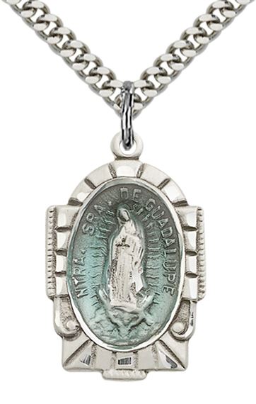 STERLING SILVER OUR LADY OF GUADALUPE PENDANT WITH CHAIN - 1" x 5/8"