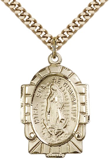 14KT GOLD FILLED OUR LADY OF GUADALUPE PENDANT WITH CHAIN - 1" x 5/8"