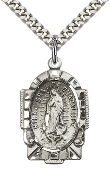 STERLING SILVER OUR LADY OF GUADALUPE PENDANT WITH CHAIN - 1" x 5/8"