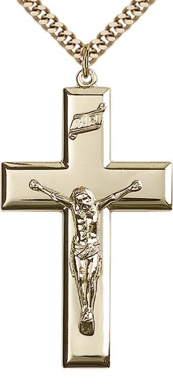 14KT GOLD FILLED CRUCIFIX PENDANT WITH CHAIN - 1 7/8" x 1"