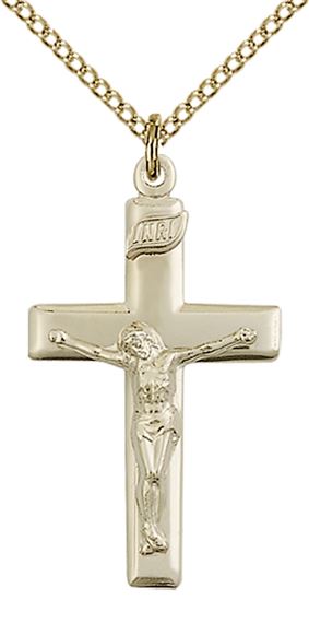14KT GOLD FILLED CRUCIFIX PENDANT WITH CHAIN - 1 1/8" x 5/8"