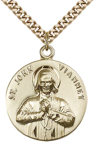 14KT GOLD FILLED ST JOHN VIANNEY PENDANT WITH CHAIN - 1" x 7/8"