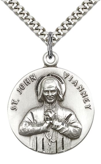 STERLING SILVER ST JOHN VIANNEY PENDANT WITH CHAIN - 1" x 7/8"