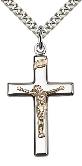 2-TONE STERLING SILVER CRUCIFIX PENDANT WITH CHAIN - 1 1/4" x 3/4"