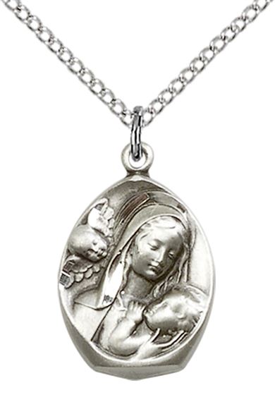 STERLING SILVER MADONNA & CHILD PENDANT WITH CHAIN - 3/4" x 1/2"