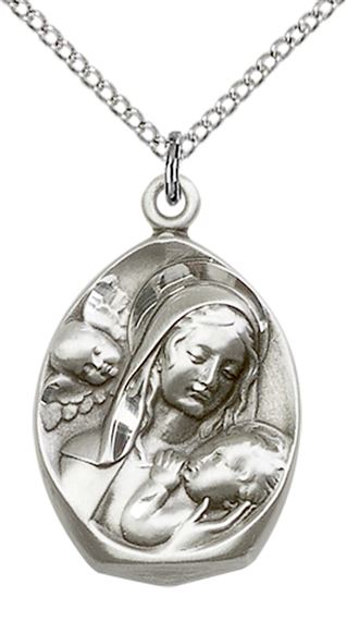 STERLING SILVER MADONNA & CHILD PENDANT WITH CHAIN - 1" x 5/8"
