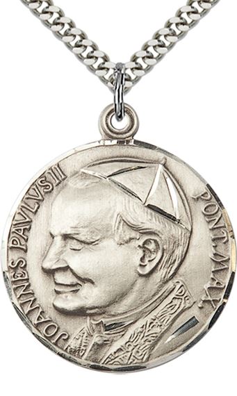 STERLING SILVER ST JOHN PAUL II PENDANT WITH CHAIN - 1 1/4" x 1 1/8"