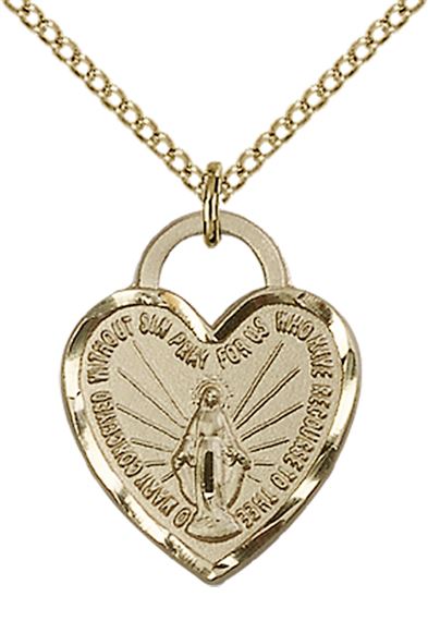 14KT GOLD FILLED MIRACULOUS HEART PENDANT WITH CHAIN - 3/4" x 5/8"