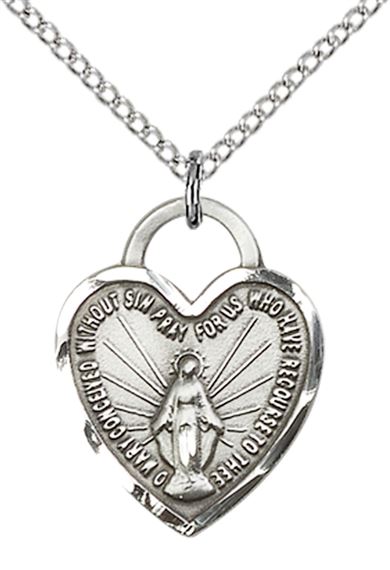 STERLING SILVER MIRACULOUS HEART PENDANT WITH CHAIN - 3/4" x 5/8"