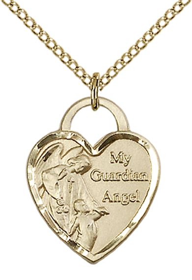 14KT GOLD FILLED GUARDIAN ANGEL HEART PENDANT WITH CHAIN - 3/4" x 5/8"