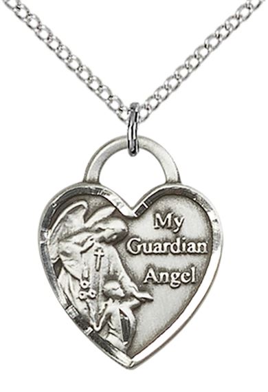 STERLING SILVER GUARDIAN ANGEL HEART PENDANT WITH CHAIN - 3/4" x 5/8"