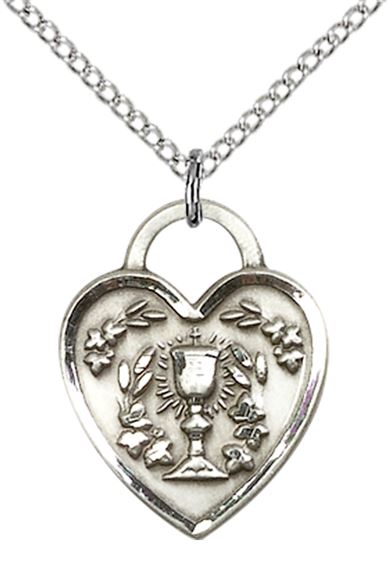 STERLING SILVER HEART SHAPED EUCHARISTIC PENDANT WITH CHAIN - 3/4" x 5/8"