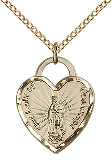 14KT GOLD FILLED OUR LADY OF GUADALUPE HEART PENDANT WITH CHAIN - 3/4" x 5/8"