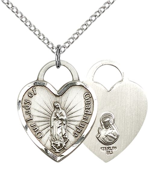 STERLING SILVER OUR LADY OF GUADALUPE HEART PENDANT WITH CHAIN - 3/4" x 5/8"