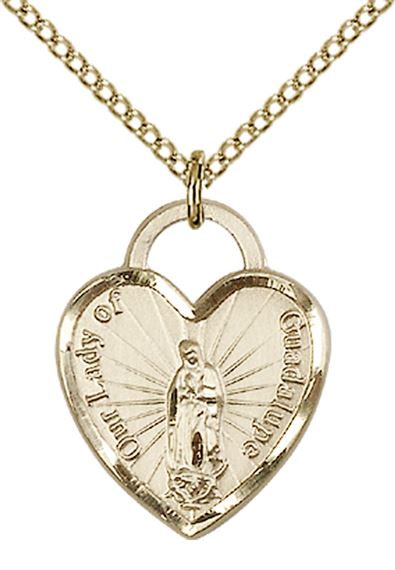 14KT GOLD FILLED OUR LADY OF GUADALUPE HEART RECUERDO PENDANT WITH CHAIN - 3/4" x 5/8"