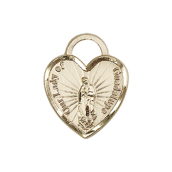 14KT GOLD OUR LADY OF GUADALUPE HEART RECUERDO MEDAL - 3/4" x 5/8"
