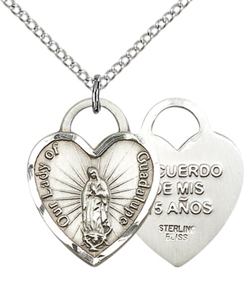 STERLING SILVER OUR LADY OF GUADALUPE HEART RECUERDO PENDANT WITH CHAIN - 3/4" x 5/8"