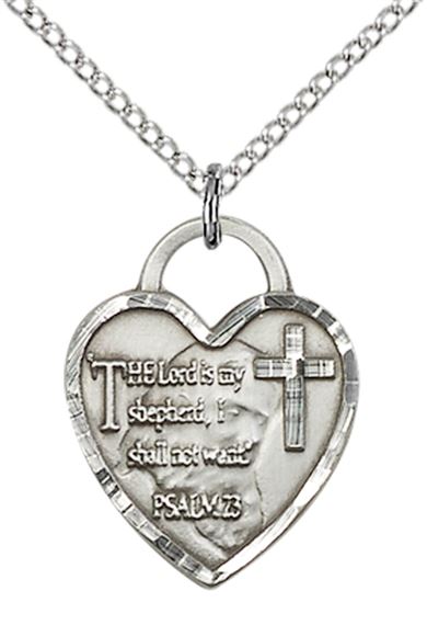 STERLING SILVER LORD IS MY SHEPHERD HEART PENDANT WITH CHAIN - 3/4" x 5/8"