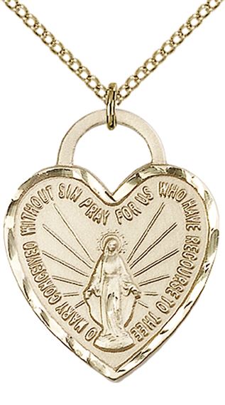 14KT GOLD FILLED MIRACULOUS HEART PENDANT WITH CHAIN - 1" x 3/4"