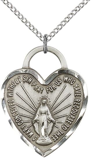 STERLING SILVER MIRACULOUS HEART PENDANT WITH CHAIN - 1" x 3/4"