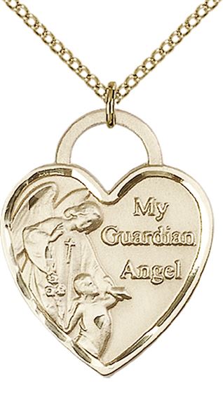 14KT GOLD FILLED GUARDIAN ANGEL HEART PENDANT WITH CHAIN - 1" x 3/4"