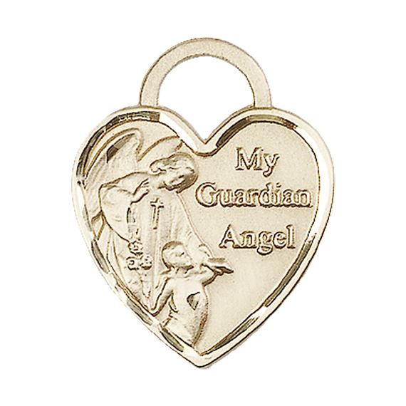 14KT GOLD GUARDIAN ANGEL HEART MEDAL - 1" x 3/4"