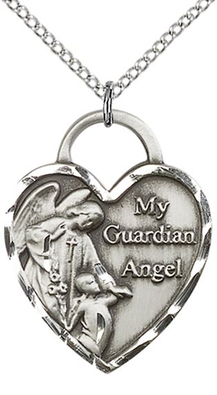 STERLING SILVER GUARDIAN ANGEL HEART PENDANT WITH CHAIN - 1" x 3/4"