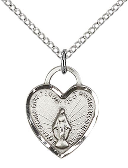 STERLING SILVER MIRACULOUS HEART PENDANT WITH CHAIN - 5/8" x 1/2"