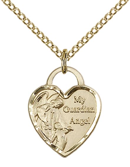 14KT GOLD FILLED GUARDIAN ANGEL HEART PENDANT WITH CHAIN - 5/8" x 1/2"