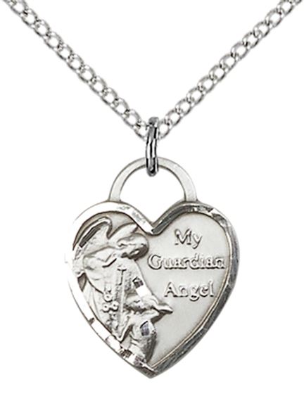 STERLING SILVER GUARDIAN ANGEL HEART PENDANT WITH CHAIN - 5/8" x 1/2"