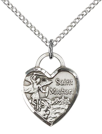STERLING SILVER ST MICHAEL HEART PENDANT WITH CHAIN - 5/8" x 1/2"